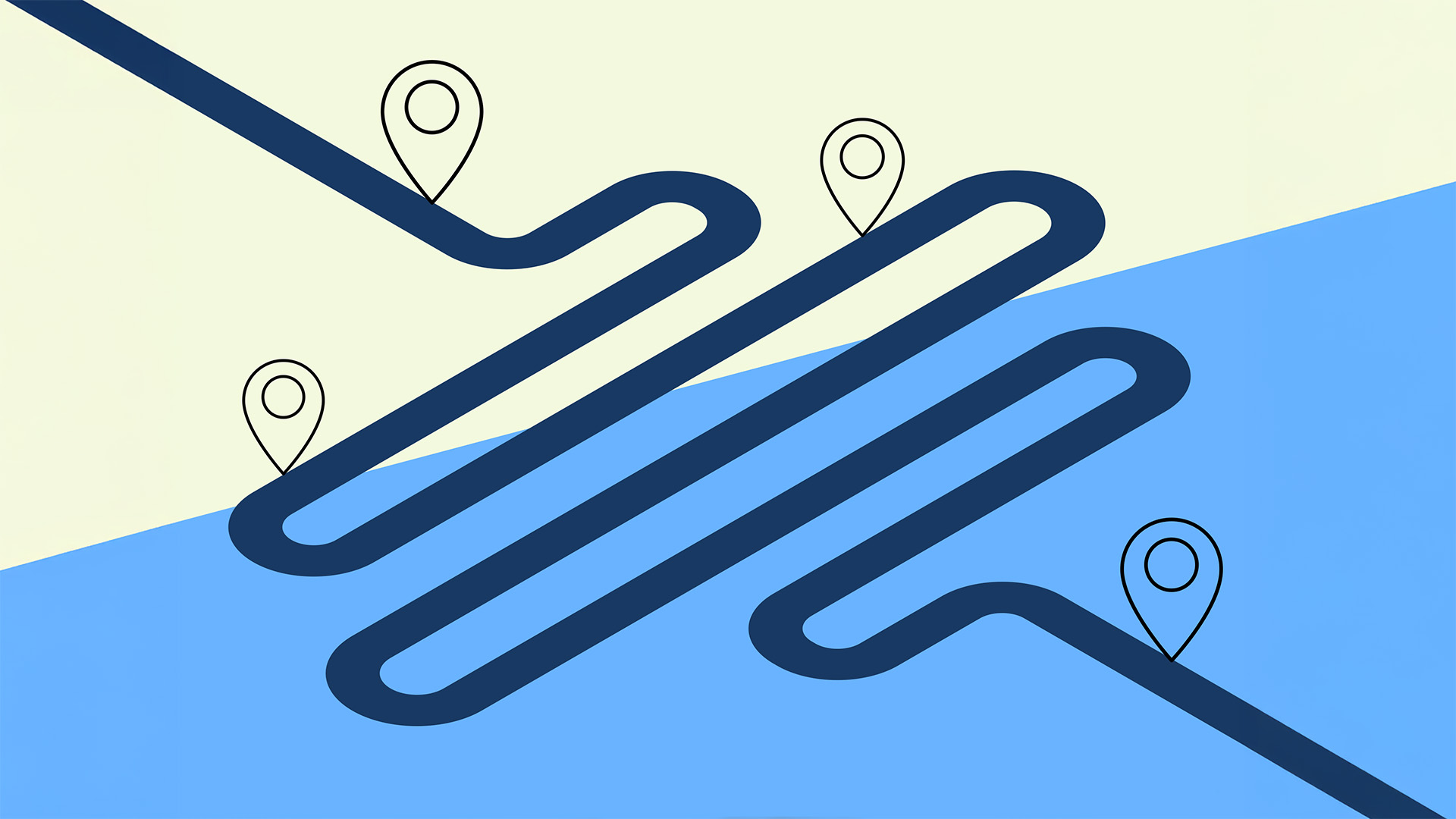 dark blue curvy line from top-left to bottom-right with 4 curves and map icons over light yellow and blue color fields.